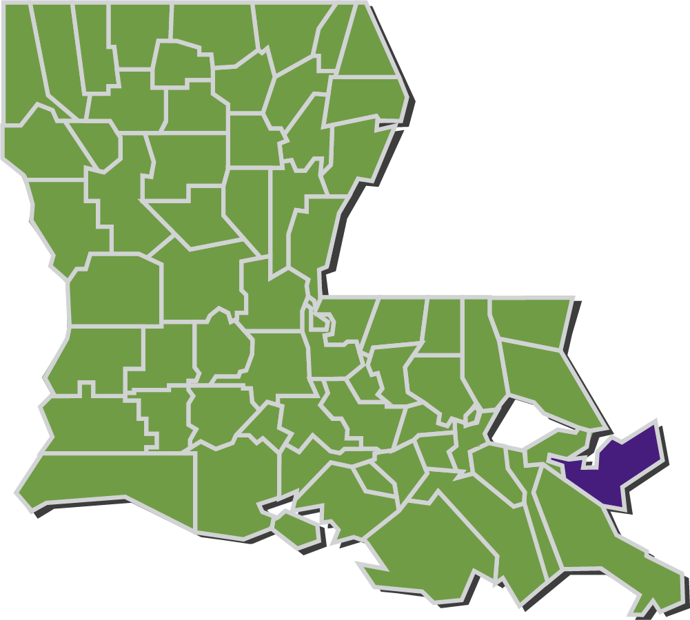 Map of Louisiana parishes with St. Bernard parish highlighted in purple.